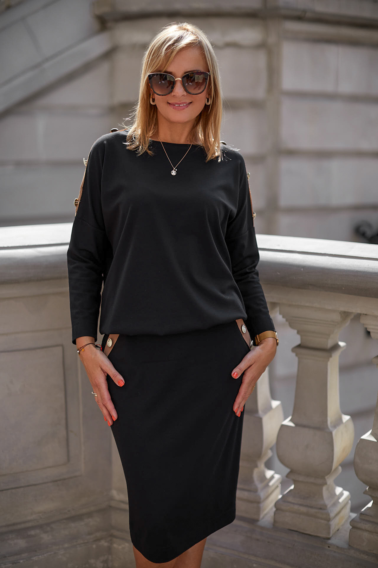 Women's set (blouse + skirt) with decorative buttons