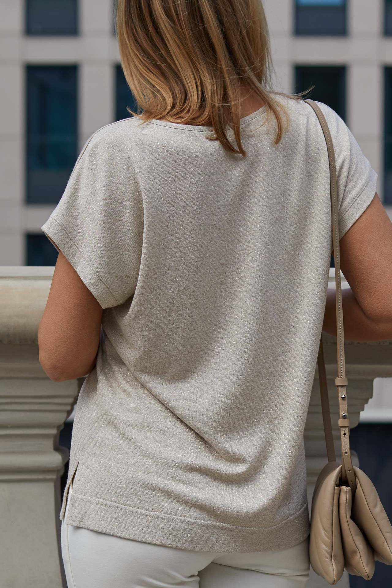 Knitted blouse with golden lurex in shades of warm beige