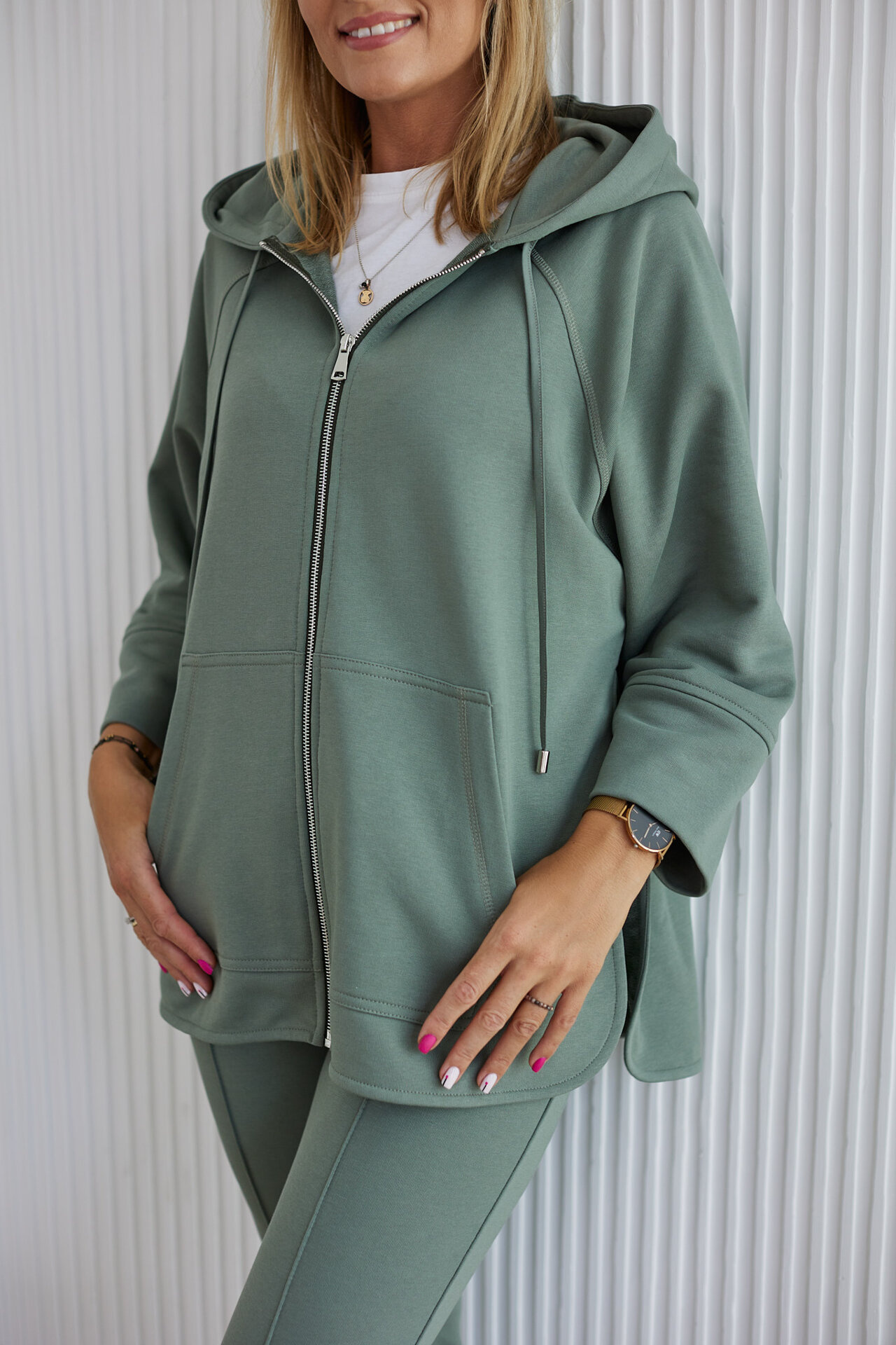 Olive-colored zip-up hoodie