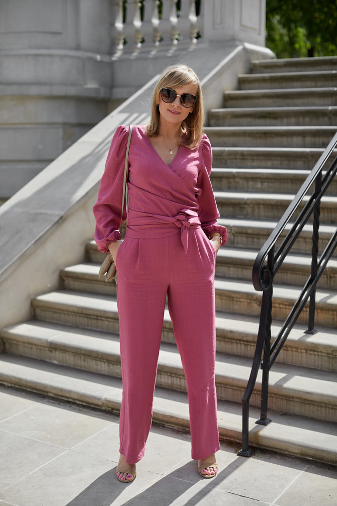 Set (blouse + trousers) made of natural fabric, raspberry