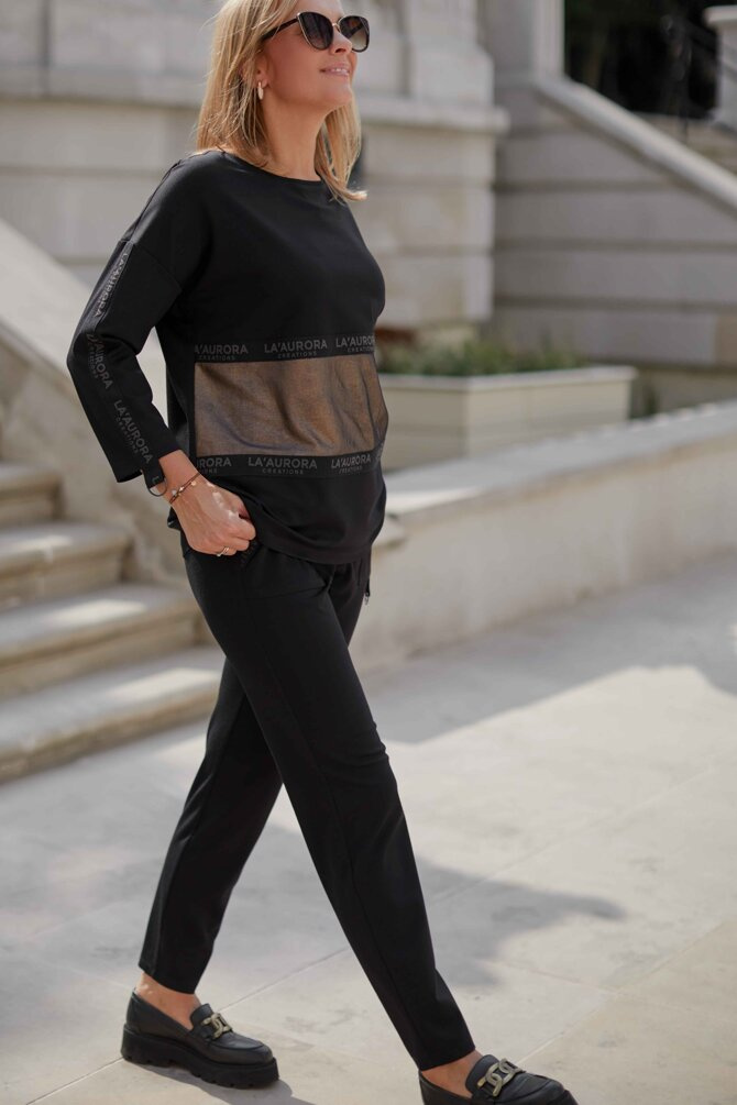 Black elegant set of sweatshirt + trousers with decorative ribbons