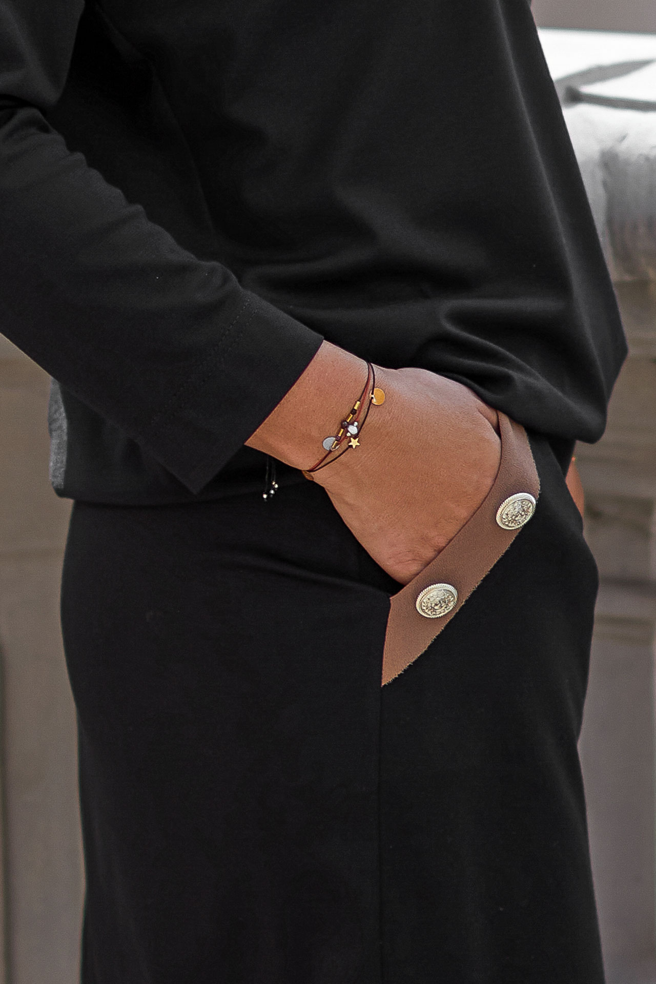 Women's set (blouse + skirt) with decorative buttons