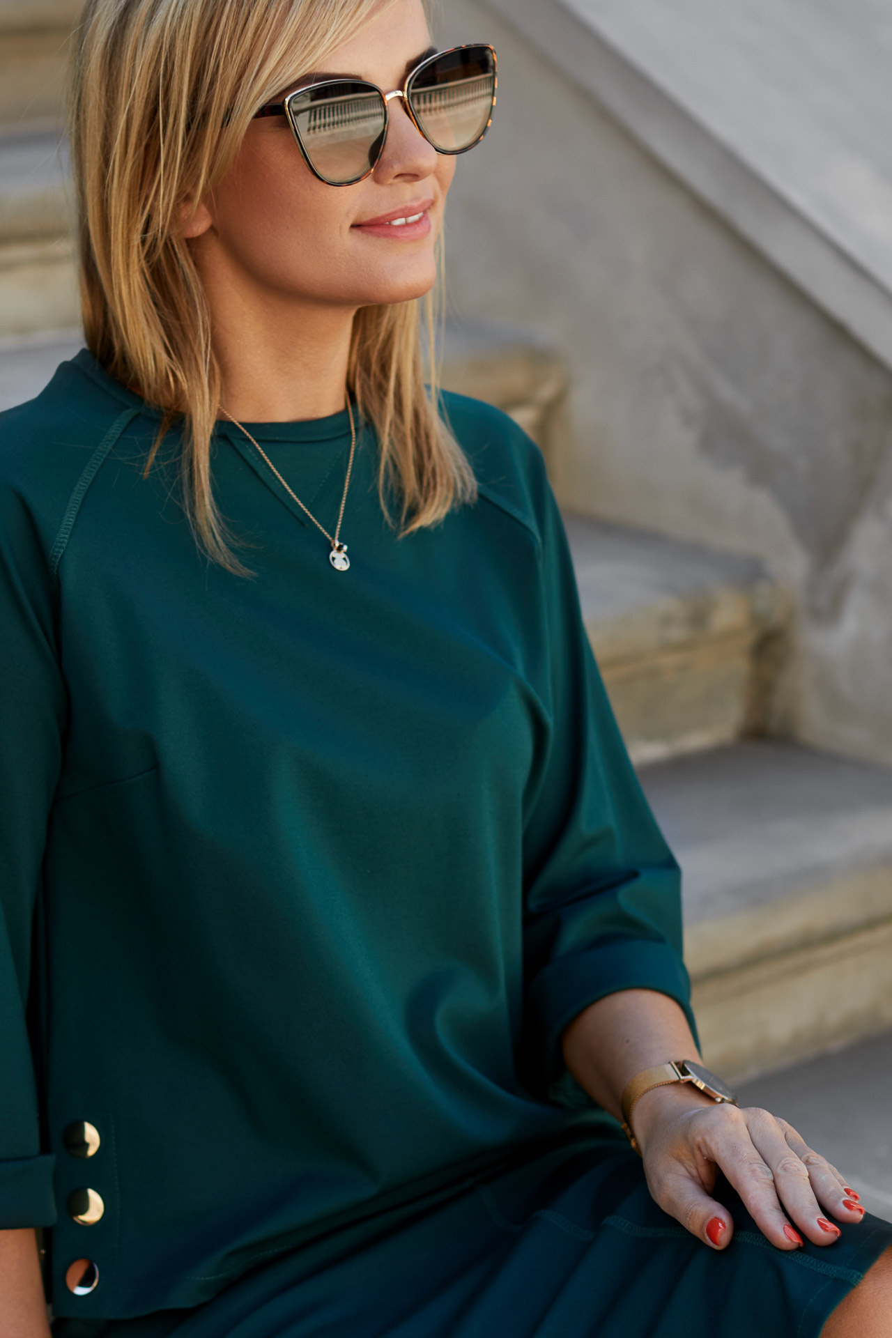 Bottle green women's set with golden snaps (sweatshirt + skirt)