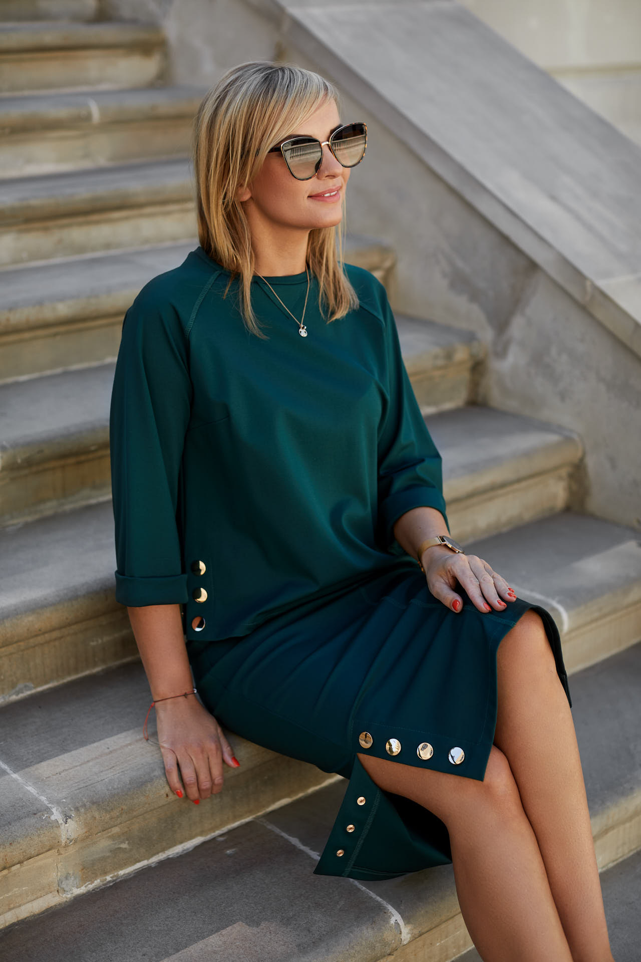 Bottle green women's set with golden snaps (sweatshirt + skirt)