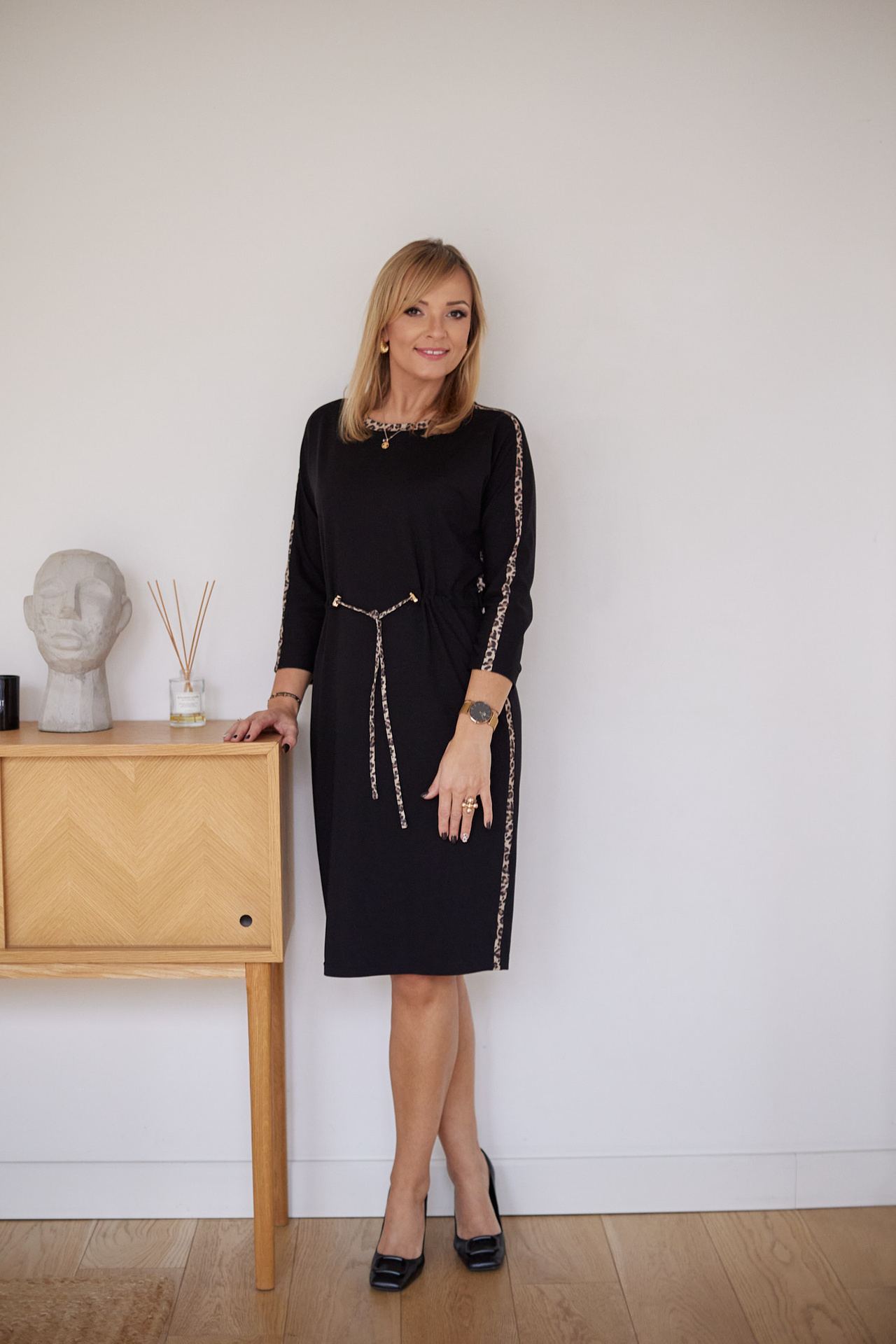 Black Morgan knit dress with decorative motifs (leopard)