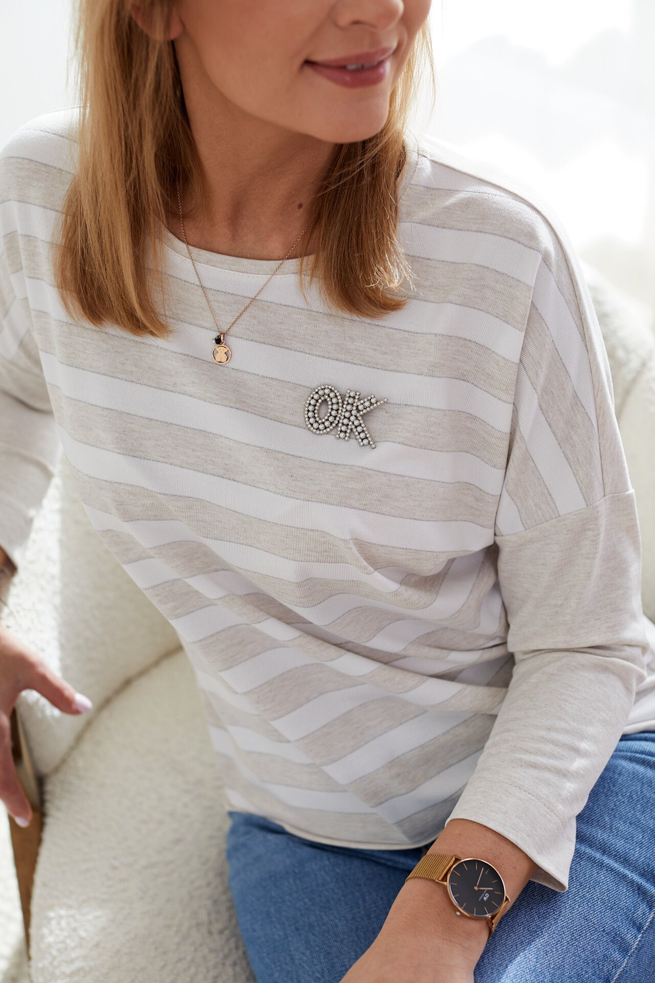 Striped knitted sweatshirt with lurex made of natural linen + viscose yarn