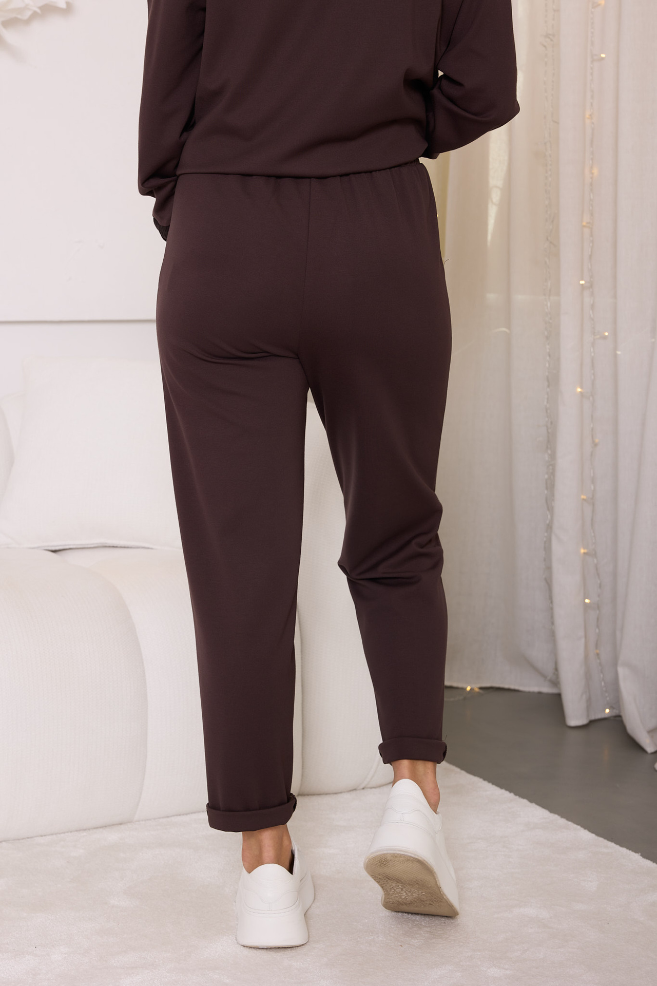 Komplet bluza+spodnie z łączonych tkanin, czekolada