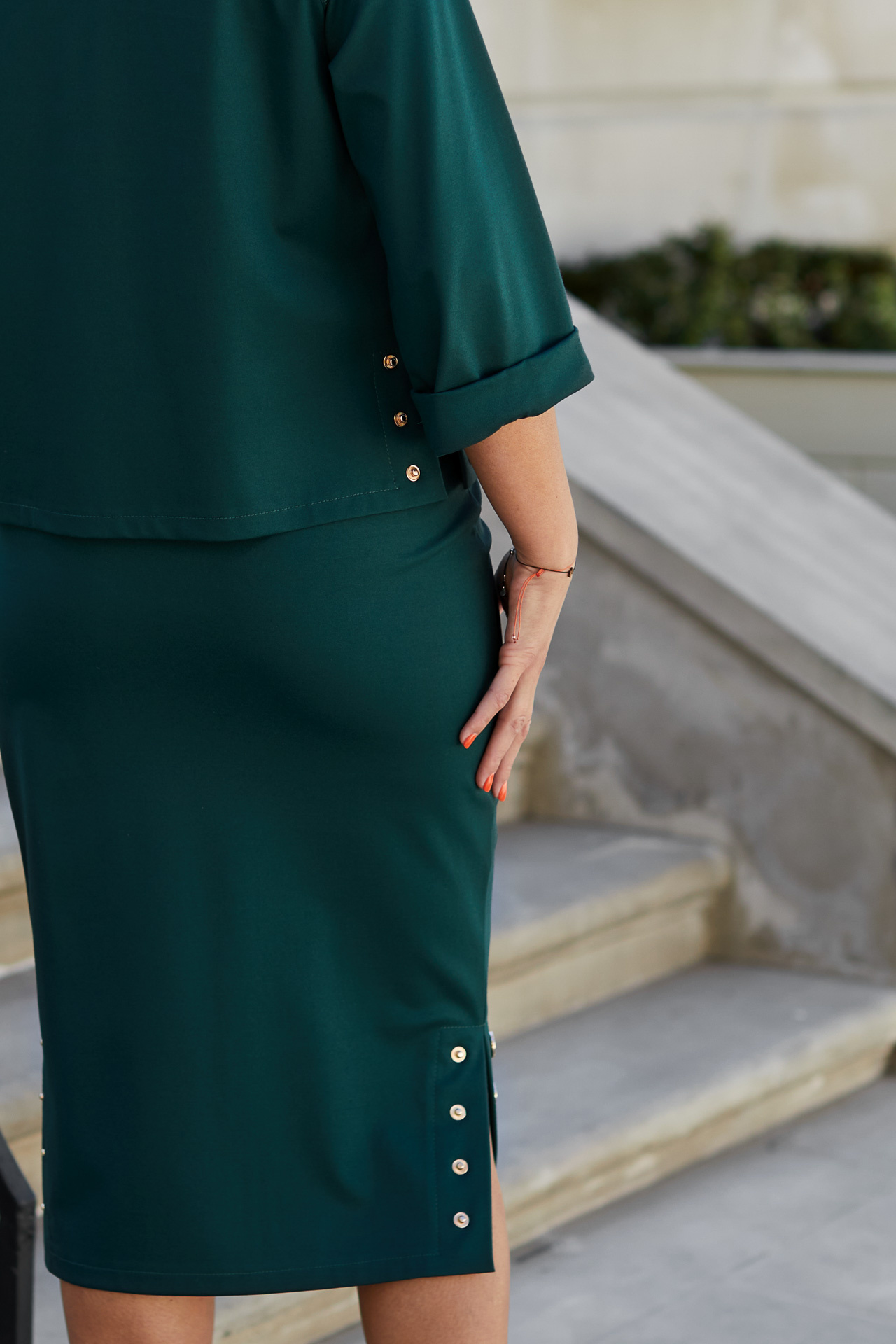 Bottle green women's set with golden snaps (sweatshirt + skirt)