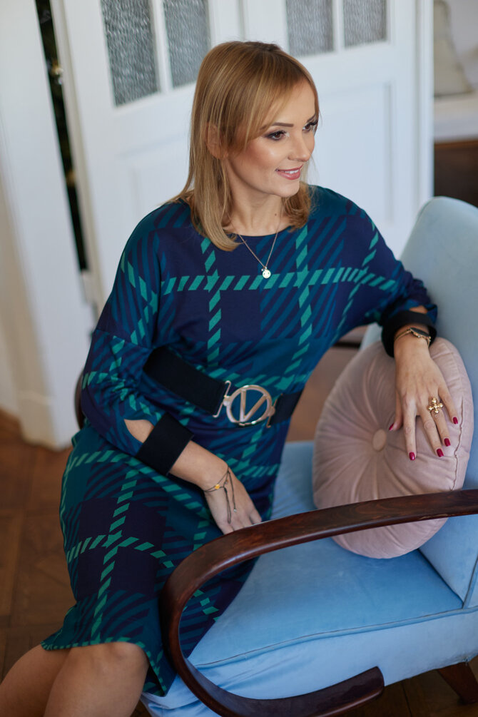 Green and blue checkered dress with a belt included