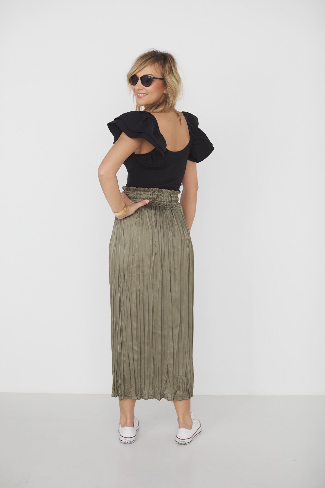 7/8 length khaki pleated skirt