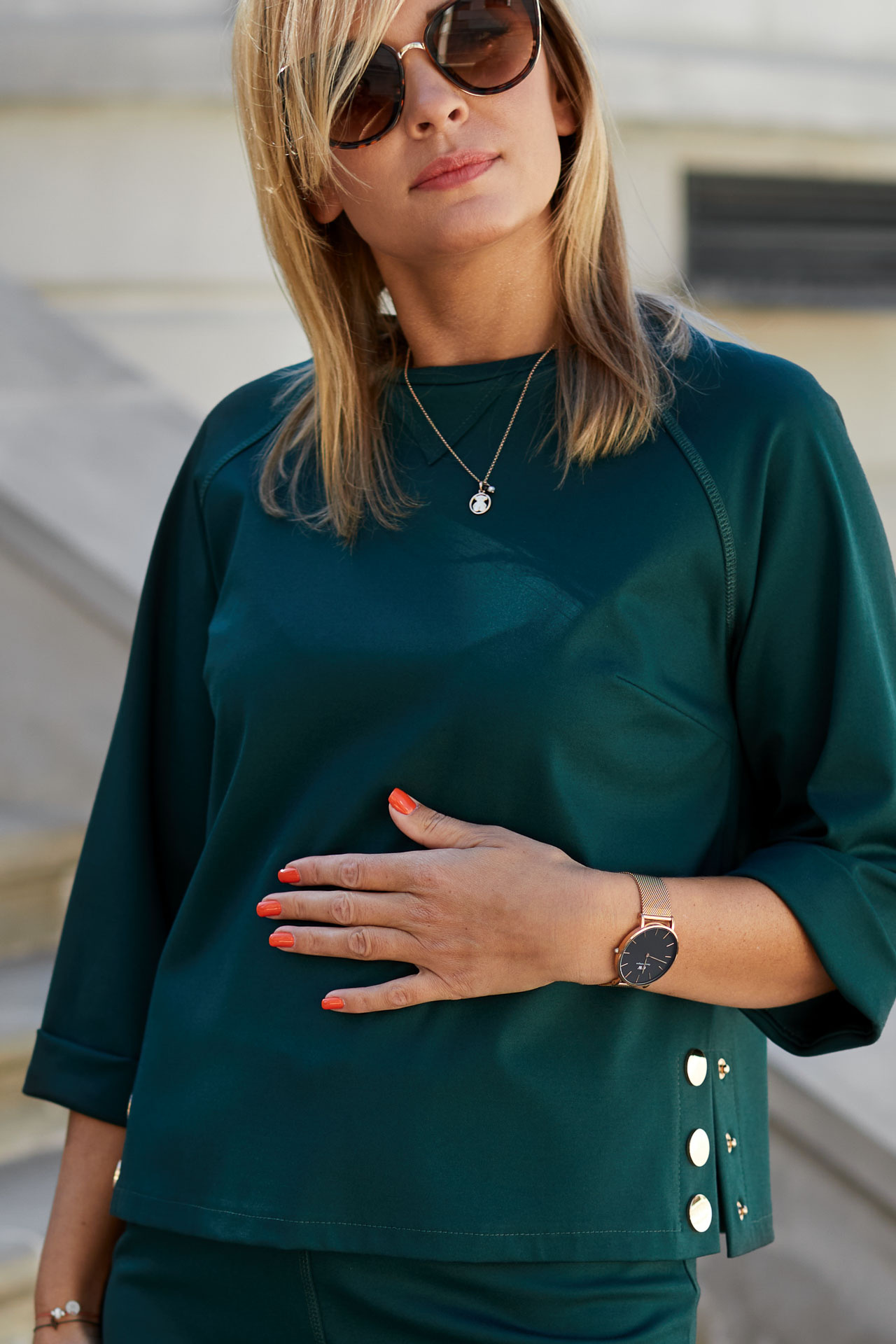 Bottle green women's set with golden snaps (sweatshirt + skirt)