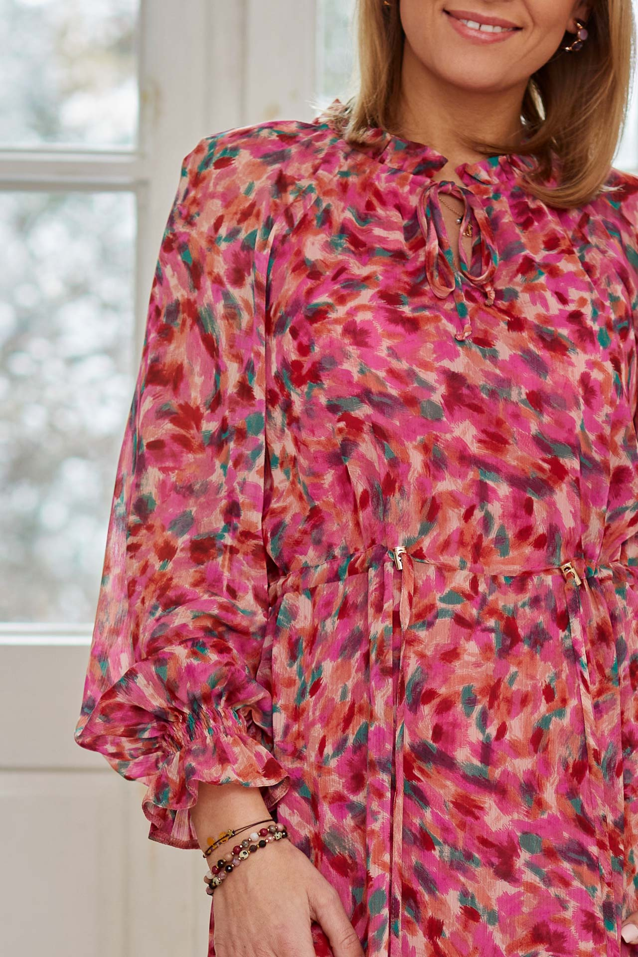 Long chiffon dress in a mix of roses