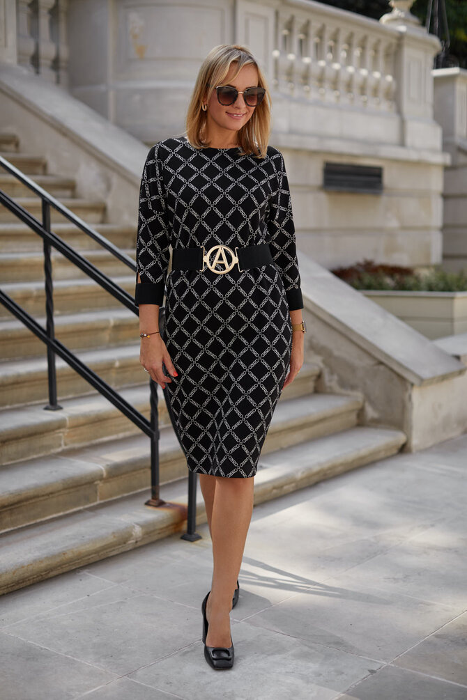 Szaro czarna sukienka za kolano z paskiem w komplecie